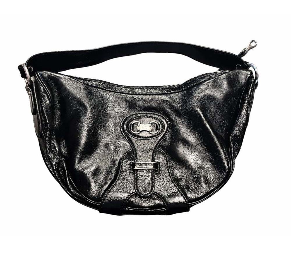 MICHAEL KORS Saddle Bag Leather Glossy Black Shoulder Bag Hobo 13.5 x 8.5 x 3 in